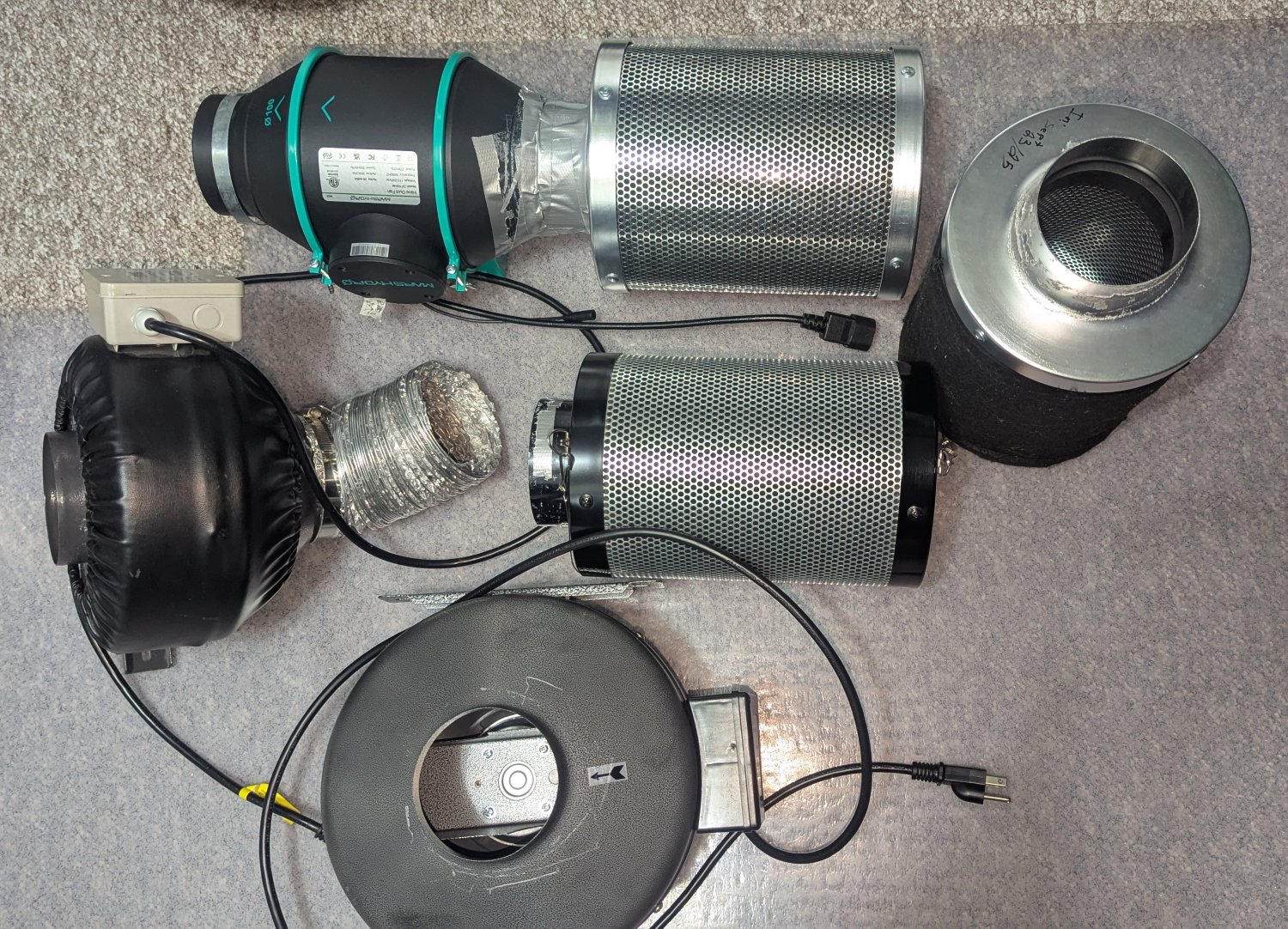 Various types of inline exhaust fans and carbon filters.