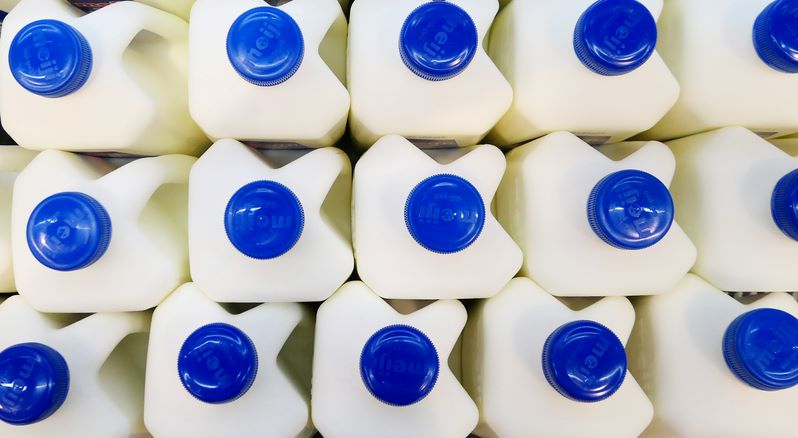 An overhead shot of jugs of milk