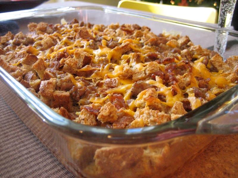 A baking dish filled with breakfast casserole.