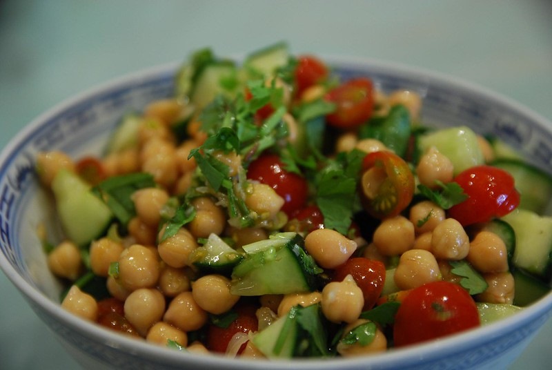 Chickpea salad with cucumbers and tomatoes.