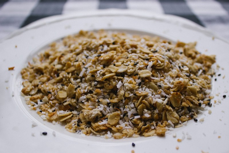 A plate with homemade granola on it.