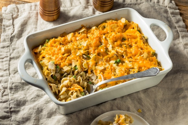 A baking dish filled with tuna noodle casserole