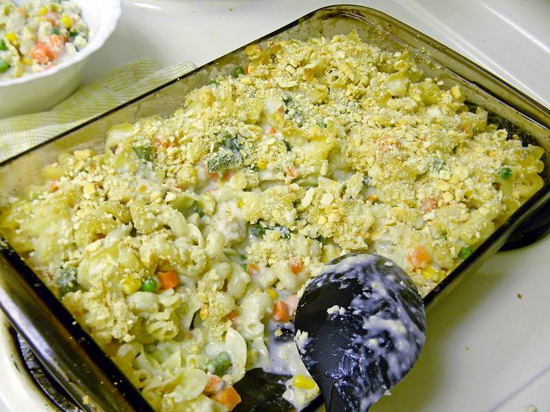 Tuna noodle casserole in a baking dish.