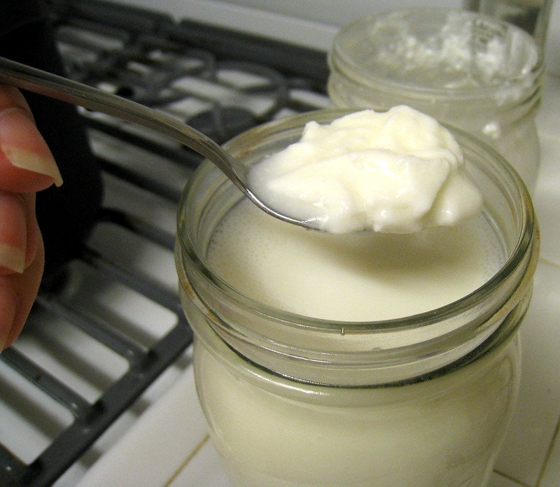 Homemade yogurt in a mason jar.